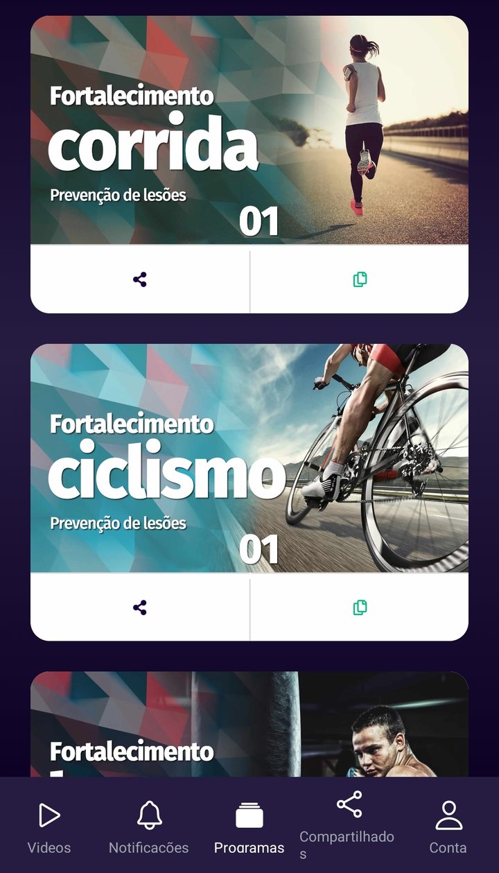 Tela do aplicativo PreAtleta Digital com programas de prevenção de lesões